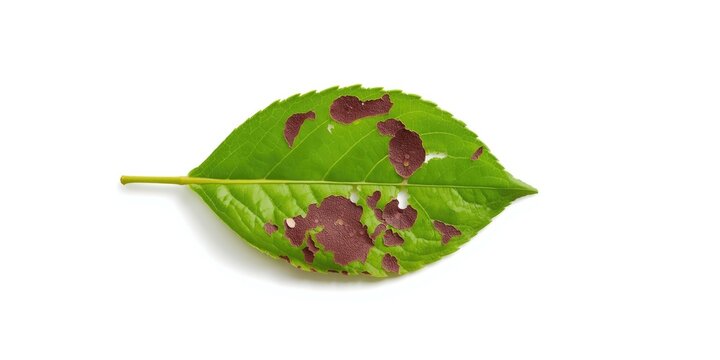 Isolated image of a green rose leaf marked by fungal infection on a bright white surface