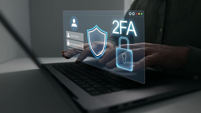 Secure 2FA authentication concept with verification, password protection and cybersecurity technology. Safe digital login access for online accounts, privacy and data security.