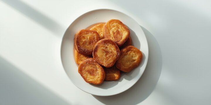 Top view of classic Spanish torrijas with sugar on a clean white serving plate