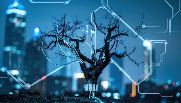 Futuristic cityscape with bare tree technology.