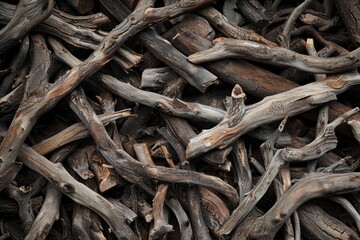 Fototapeta premium Close up view of a pile of dry branches forming an intricate natural pattern, showcasing the textures and shapes of weathered wood