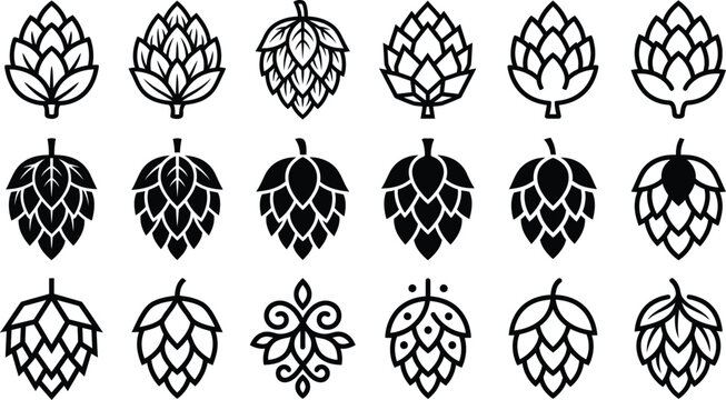 Hop cone icon collection black white brewing logo design