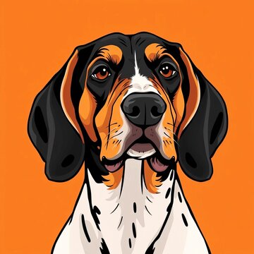 Coonhound dog's distinctive facial features and floppy ears illustrated in black outline style, graphic, design