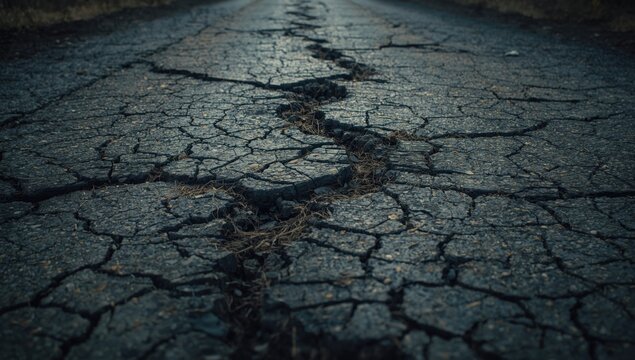 Old cracked road pavement showing numerous potholes and surface wear