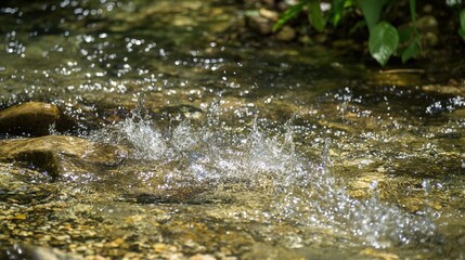 Naklejka premium deposits. Clear stream with white crystals forming on rocks and sparse vegetation. ESG reports, sustainability campaigns, designed for environmental awareness campaigns, used by art directors.