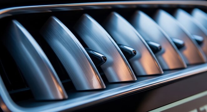 Close-up of a cars interior air conditioning vent with metallic finish.