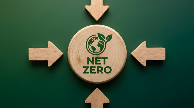 Net Zero Strategy for Sustainable Future | Carbon Neutral Target on Wooden Disc with Arrows | Ecology and Environmental Protection Concept | Global Climate Goal and Greenhouse Gas Reduction Plan