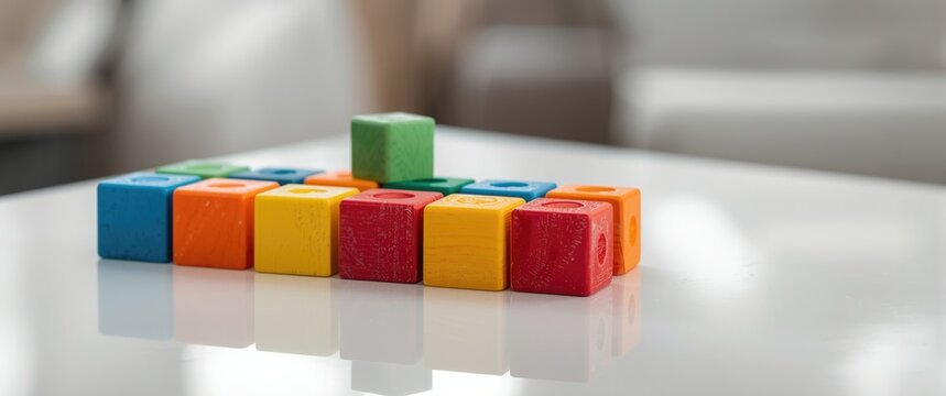 Infant educational toy featuring multicolored wooden blocks displayed on a glossy white surface