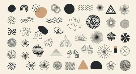 Large set of diverse hand drawn abstract elements, scribbles, and geometric symbols in a minimal contemporary artistic style. © Sumi