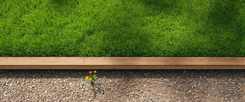 Wooden sleepers integrated into gravel garden alongside well maintained green lawn in landscaping