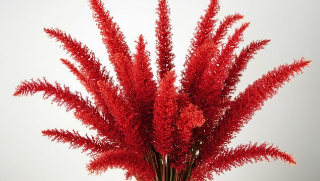 Decorative floral arrangement concept with red dried Lagurus bunny tail flowers on a white backdrop