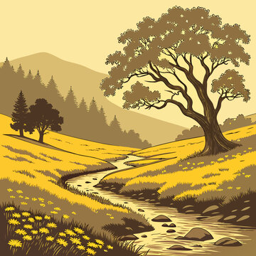 Large tree with a stream in a field of yellow flowers and green grass landscape environment wildlife ecosystem biodiversity botanical vegetation greenery tributary waterway reservoir