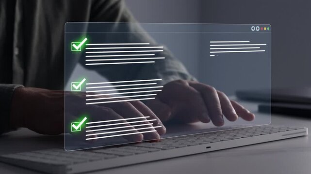 Businessman in computer doing online data documentation checklist survey. Fast checklist,clipboard task business management.Productivity checklist and filling survey form online.	
