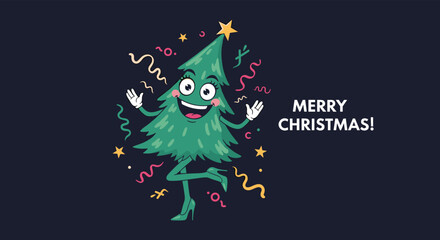 Joyful Christmas tree character with a smiling face and arms wide open stands amidst colorful confetti on a dark blue background. © Sumi