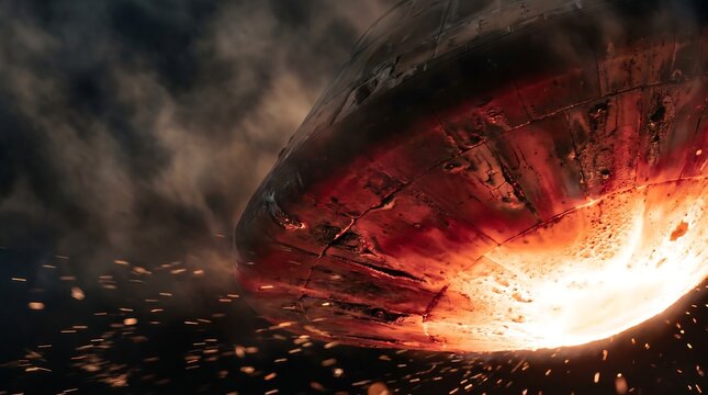 Glowing spacecraft heat shield burning with intense orange plasma during atmospheric reentry against dark smoke illustrating a concept for extreme space travel