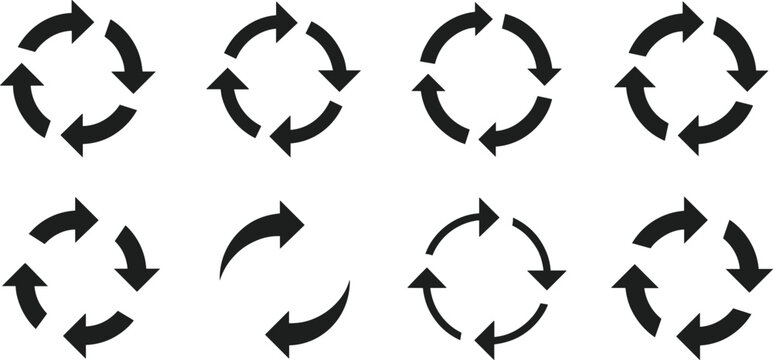 Creative collection of eight circular arrow icons in varied styles, symbolizing rotation, cycles, recycling, continuous process, and modern abstract design