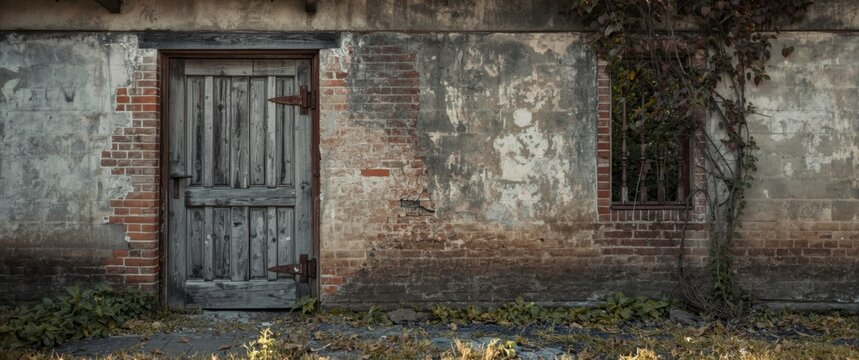 Weathered abandoned home exterior featuring a closed off door and rough cinder block wall with a rustic historic look