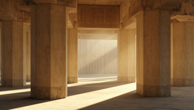 Sunlit interior environment highlighting structural concrete pylons with a neutral undefined background