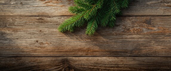 Naklejka premium Looking down on worn wooden backdrop highlighted by bright spruce branch including copy space