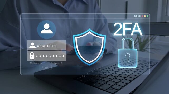 Secure 2FA authentication concept with verification, password protection and cybersecurity technology. Safe digital login access for online accounts, privacy and data security.