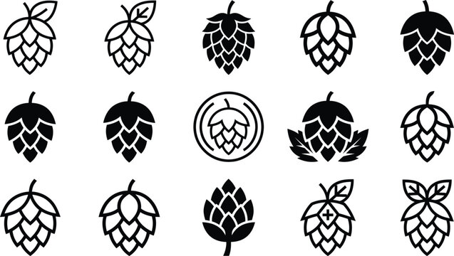 Hop cone icon collection black white brewing symbol set