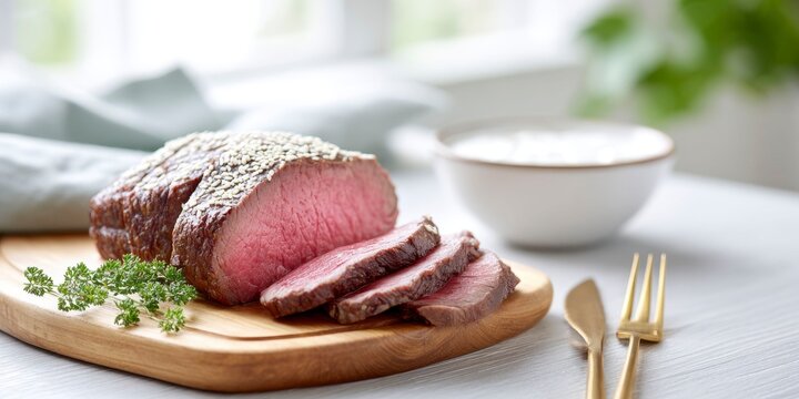 sliced circular beef with coat of sesame seeds, on wooden board, fork and knife beside it, dish of ranch dressing in the background