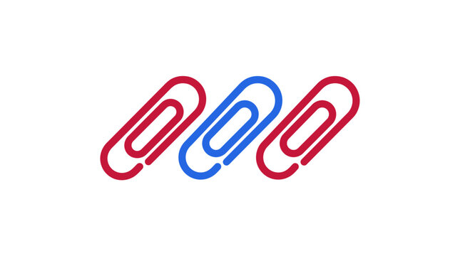 Three paper clips, blue and red, isolated on white background, standing out