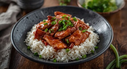 Fototapeta premium Traditional Asian style teriyaki chicken served with steamed white rice