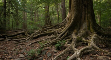 Fototapeta premium Majestic ancient tree roots sprawling over forest floor with scattered rocks and small bushes in summer