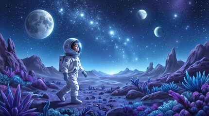 Obraz premium Child astronaut walking on alien planet surface. Little explorer in space suit wandering through purple landscape under starry sky and multiple moons.