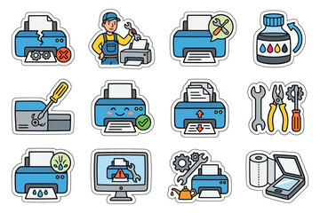 Fototapeta premium Printer and repair tool icons: maintenance, ink, tools, and technician graphics.