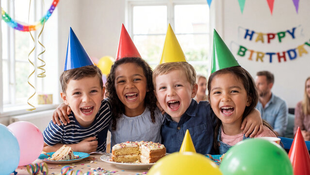 Ecstatic children wearing colorful birthday hats laugh together while posing behind a delicious frosted cake at an indoor party with festive decorations and streamers.