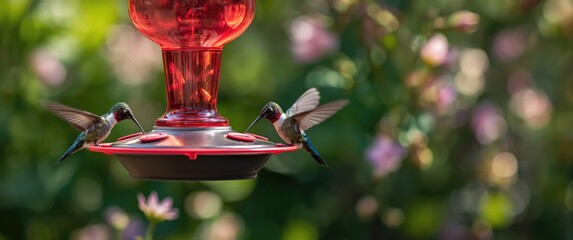 Obraz premium Delightful hummingbirds feeding at a feeder made especially for their nectar treats