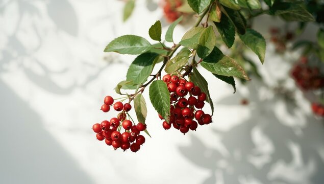Natural Viburnum opulus berry clusters with leaves shown on plain white backdrop