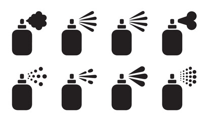 Obraz premium Aerosol spray can icon set depicting various spray patterns and applications.