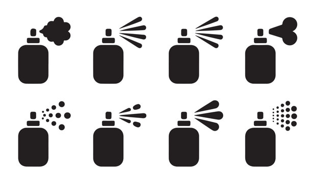 Aerosol spray can icon set depicting various spray patterns and applications.