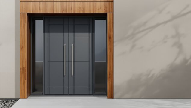 Stylish modern doorway showcasing double glass doors bordered by timber cladding and subtle gray details copy space