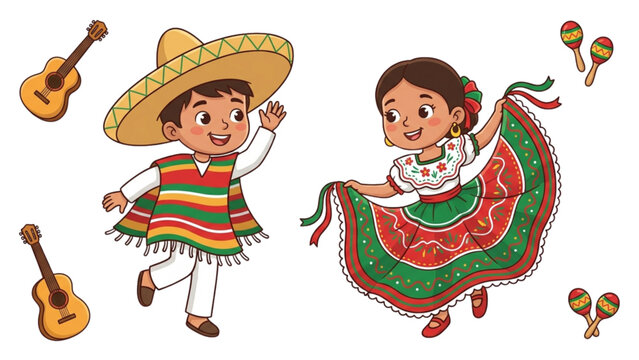 Cartoon Mexican Kids Dancing Vector Set  Boy in Sombrero and Girl in Traditional Festival Dress