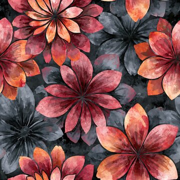 Watercolor Pennsylvania Dutch seamless pattern with rustic red flowers