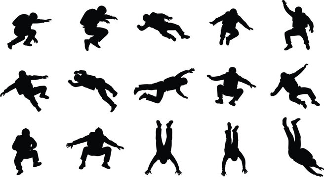 Silhouettes set of skydivers free falling, paragliders jumping, and parachutists diving in helmets, concepts of extreme sports and skydiving adventures