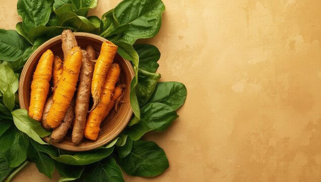 Holistic turmeric rhizomes in wood bowl resting on emerald green leaves for skin health and spa recipes