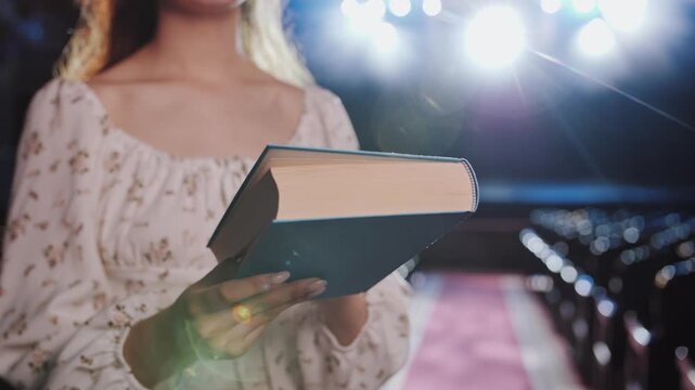 Woman Opening Book to Find Answers. Self Discovery and Inner Growth Concept