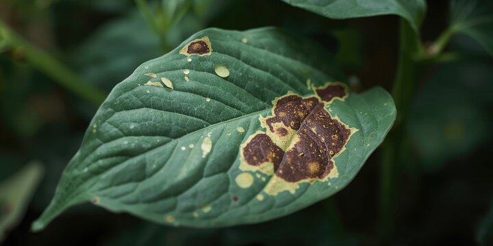 Symptoms of fungal leaf spot disease on lablab bean plant foliage close up