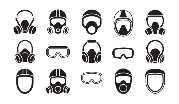Respirator mask and protective eyewear icon set, gas mask and goggles.
