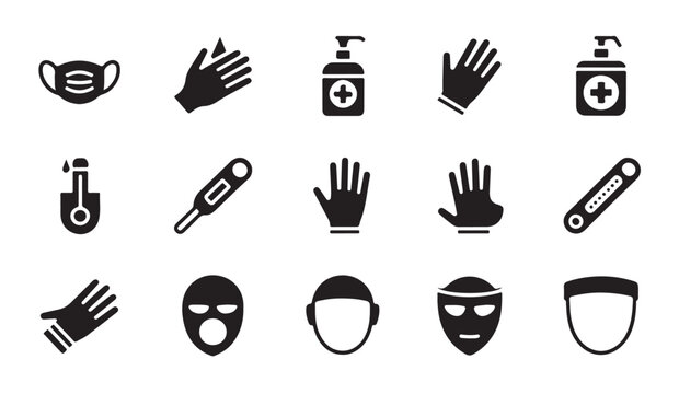 Medical protection and safety equipment icon set, personal protective tools.