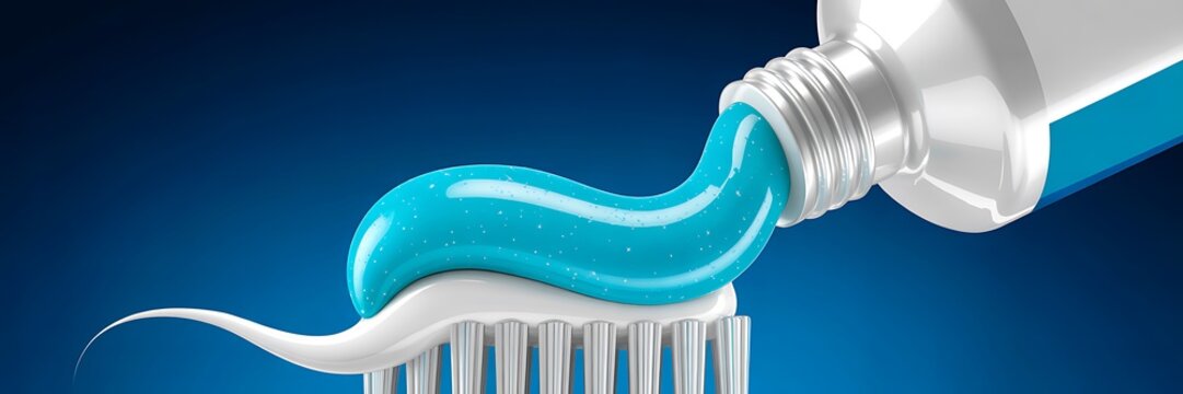Toothpaste being applied to toothbrush with clean oral hygiene concept