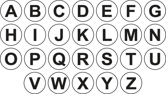 Black uppercase alphabet letters from a to z inside individual circles