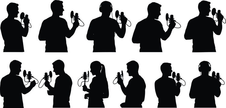 Silhouettes set of podcasters, radio hosts, and voiceover artists speaking into studio microphones, concepts of broadcasting and audio production