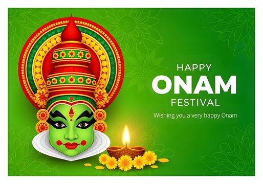 Vibrant onam festival greeting with traditional kathakali mask and floral decorations