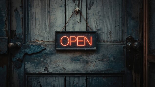Weather-beaten wooden door with dark hardware and faded paint displaying a hospitable open sign for entry